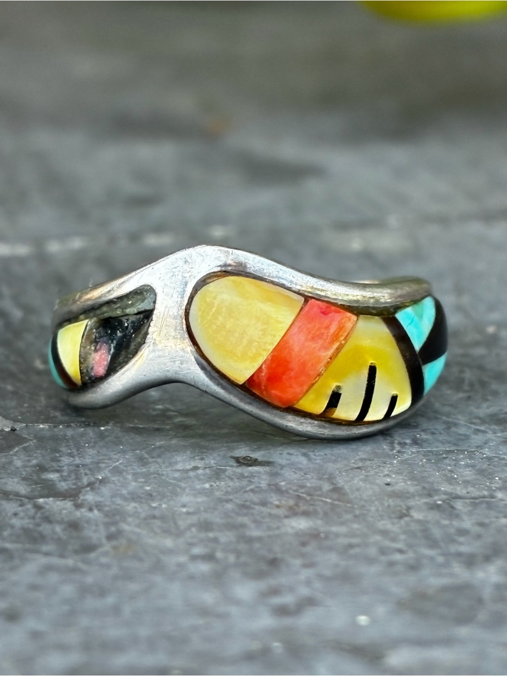 Sterling Silver Inlay Wave Ring with Yellow, Coral & Turquoise Inlay